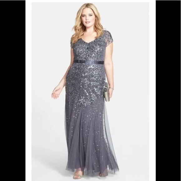 Adrianna papell Gunmetal grey sequin& beaded cap sleeves Long Dress - Picture 14 of 15